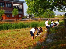 草を刈る中学生の写真