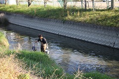 胴長を着て川の中を掃除するようす