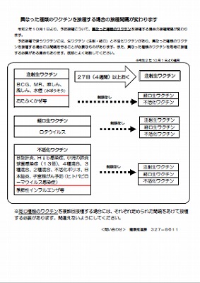 異なった種類のワクチンを接種する場合の接種間隔が変わります